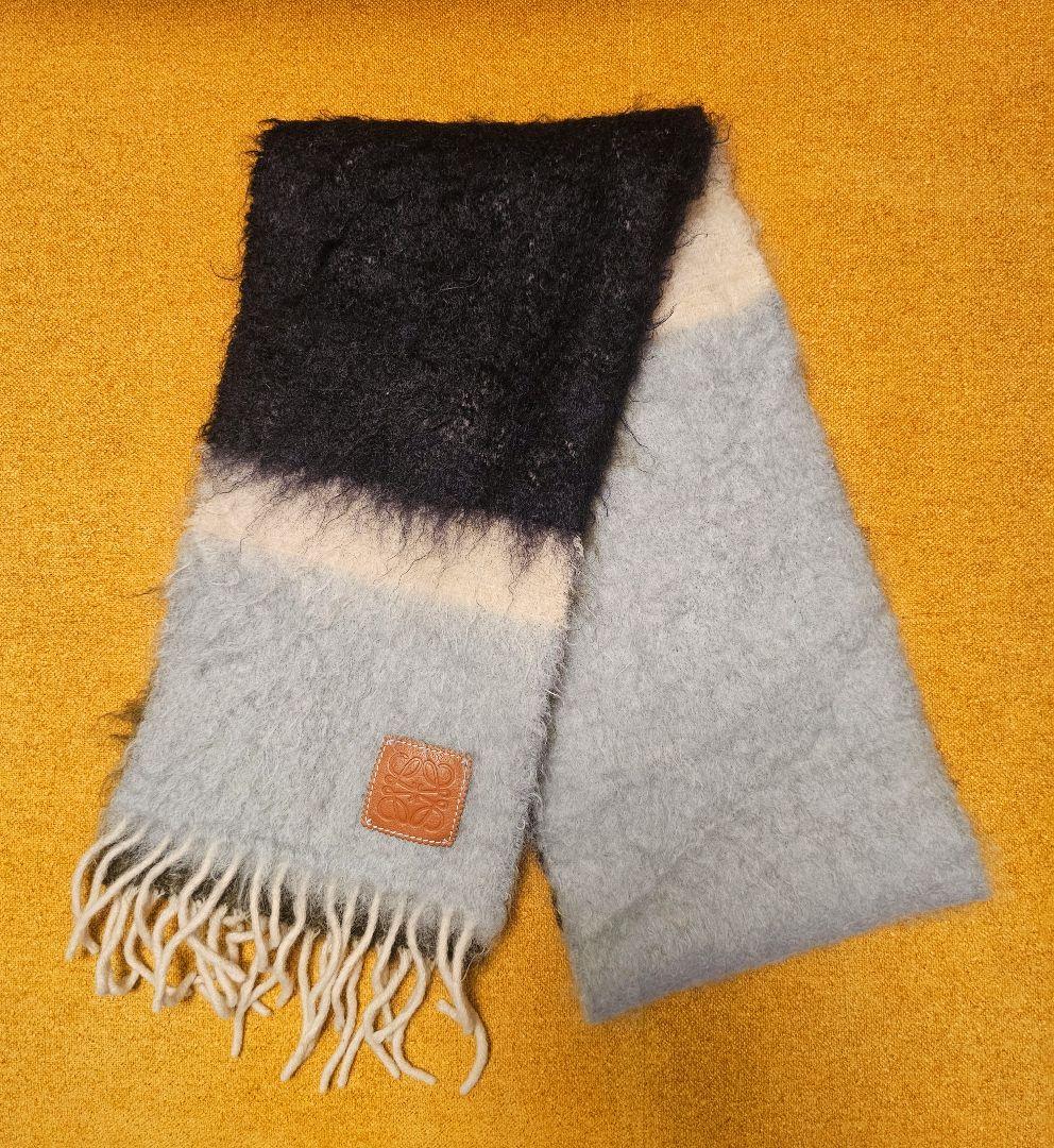 美品★LOEWE ロエベ モヘアマフラー ブラック オリーブ ブルー