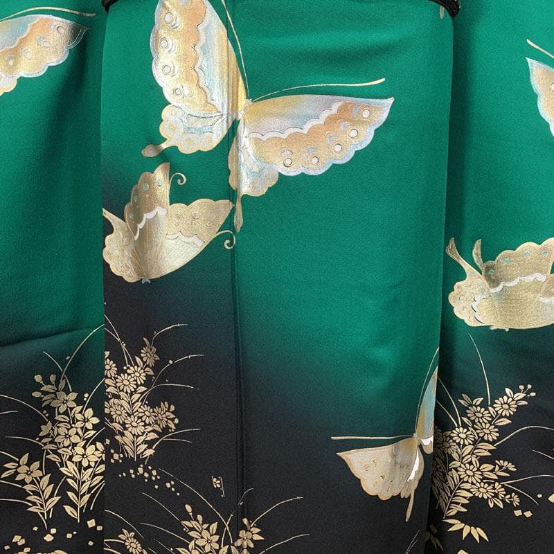 512z14☆振袖 古典柄 金銀彩 シンプル 蝶 緑×黒☆美品 成人式 結婚式