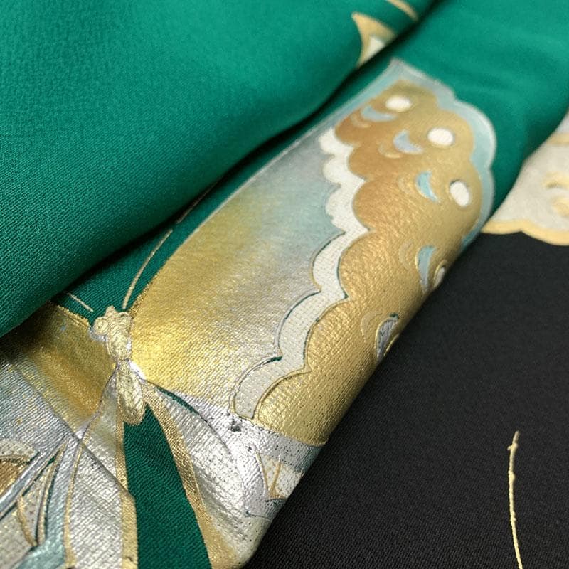 512z14☆振袖 古典柄 金銀彩 シンプル 蝶 緑×黒☆美品 成人式 結婚式