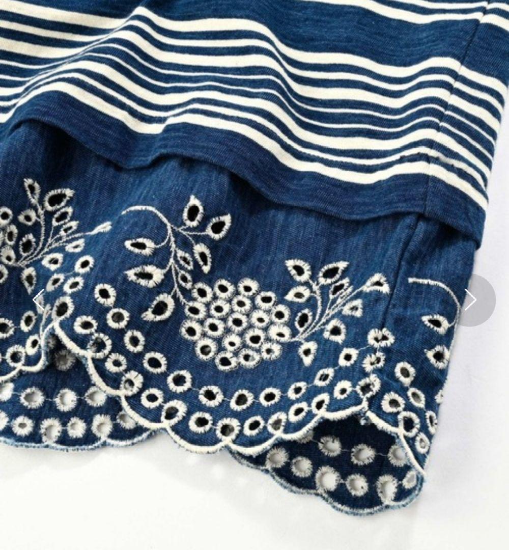 45R 縞天竺のカットワークドレス(インディゴ）