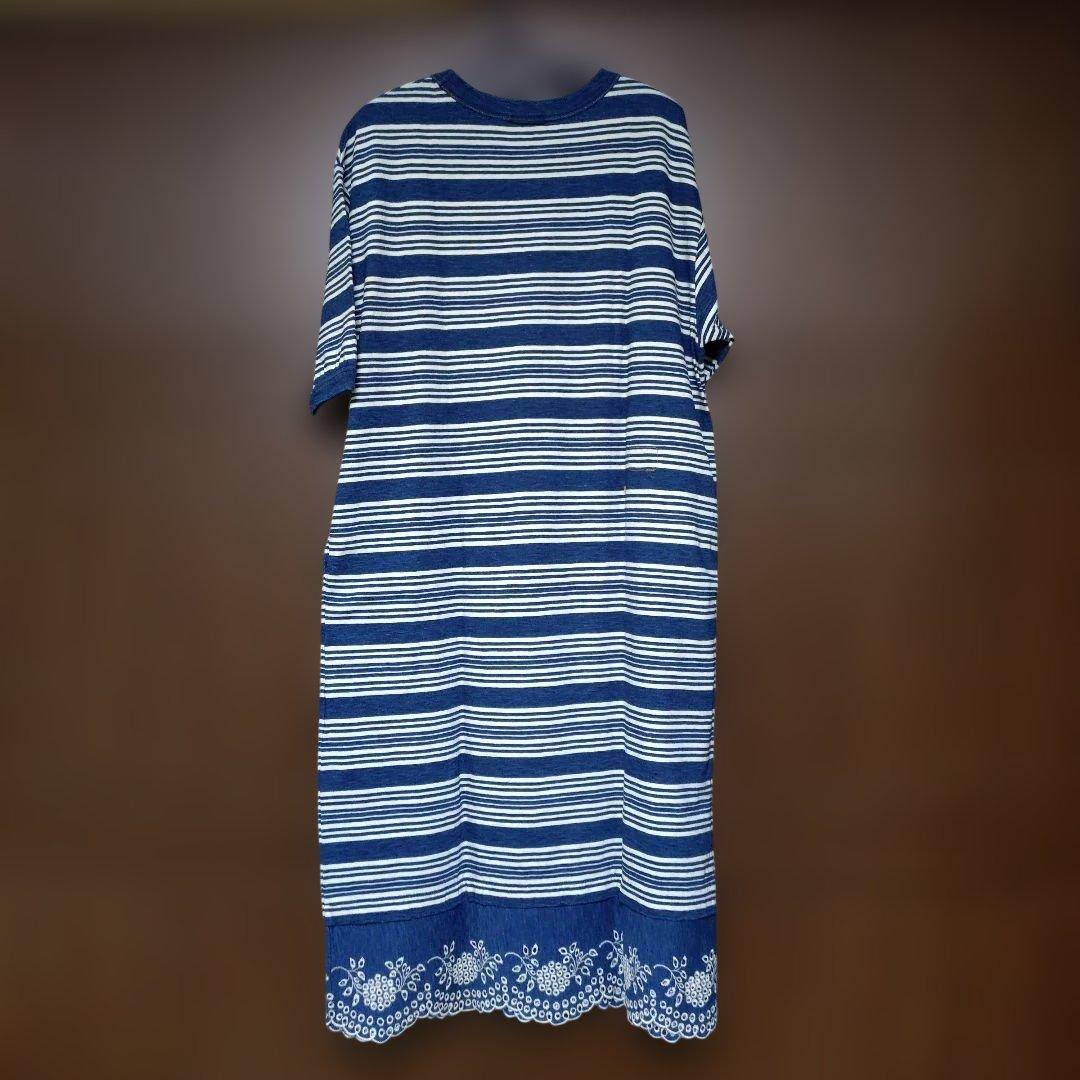 45R 縞天竺のカットワークドレス(インディゴ）