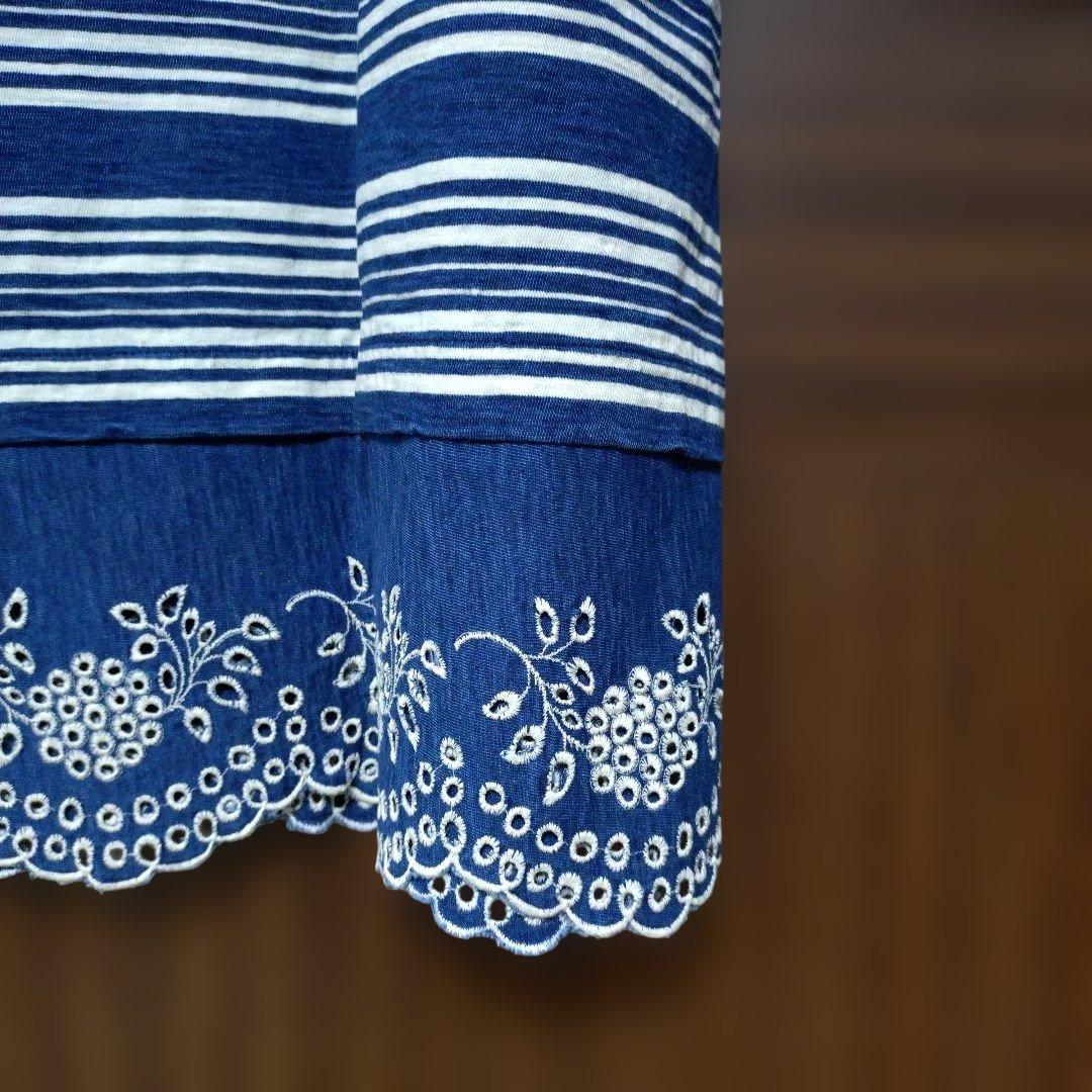 45R 縞天竺のカットワークドレス(インディゴ）