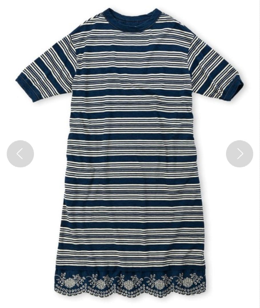 45R 縞天竺のカットワークドレス(インディゴ）