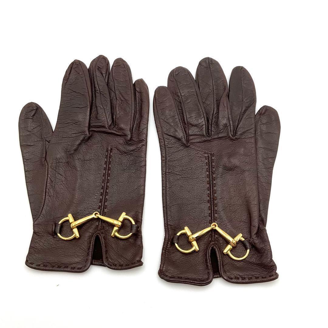 GUCCI グッチ 手袋 グローブ ホースビット レザー ブラウン