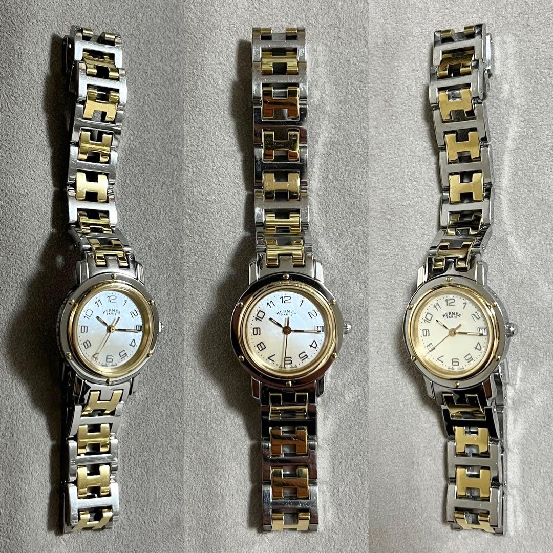 腕時計 エルメス クリッパー ナクレ 時計 シェル文字盤 ゴールド コンビ レア