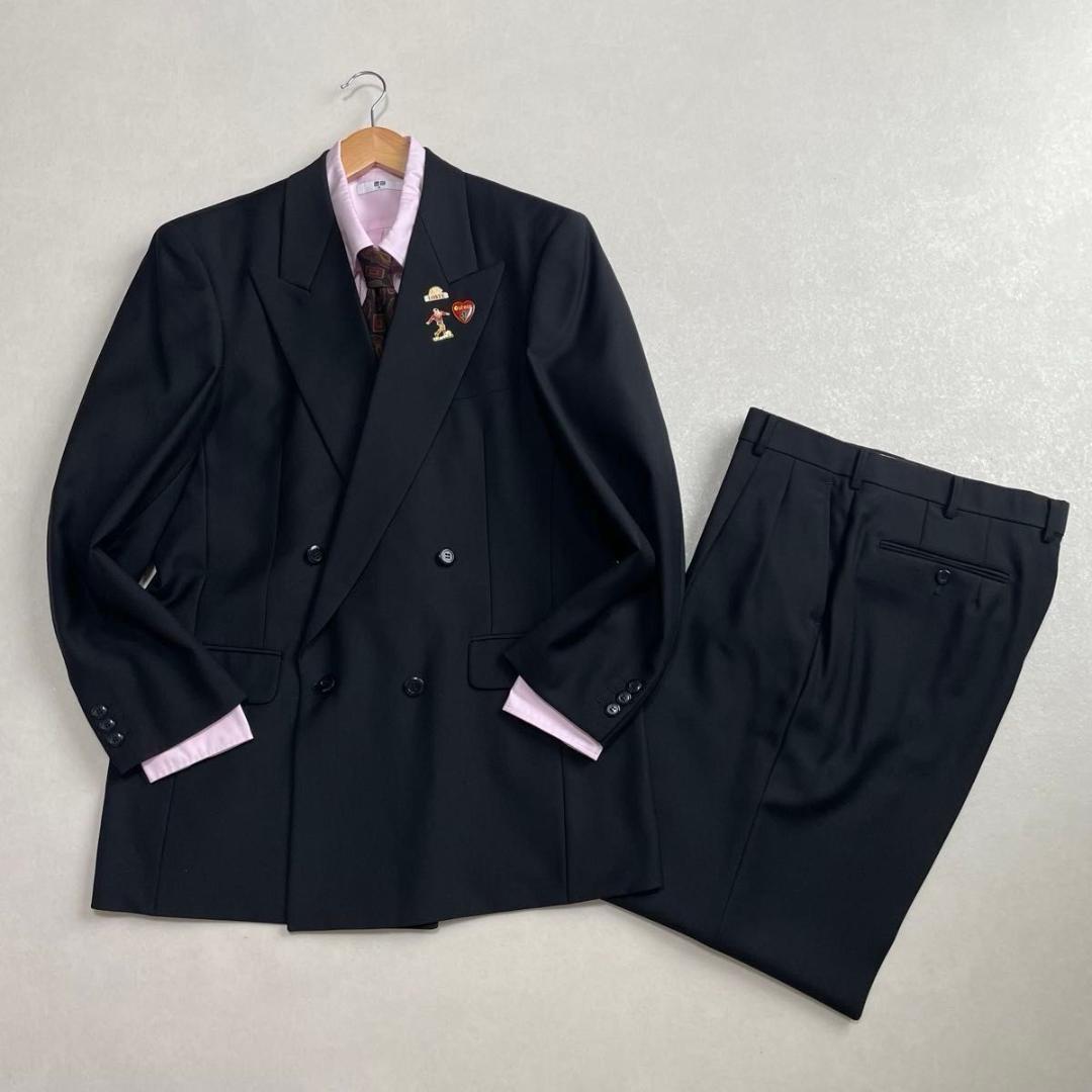 美品 90s セットアップ ブラック×ピンク ダブルスーツ 極上ウール