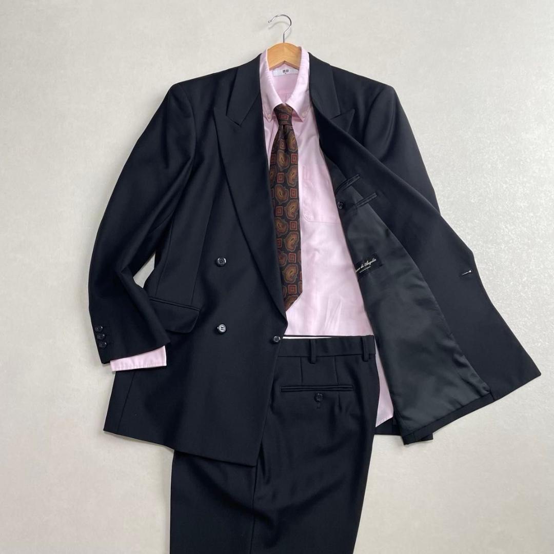 美品 90s セットアップ ブラック×ピンク ダブルスーツ 極上ウール