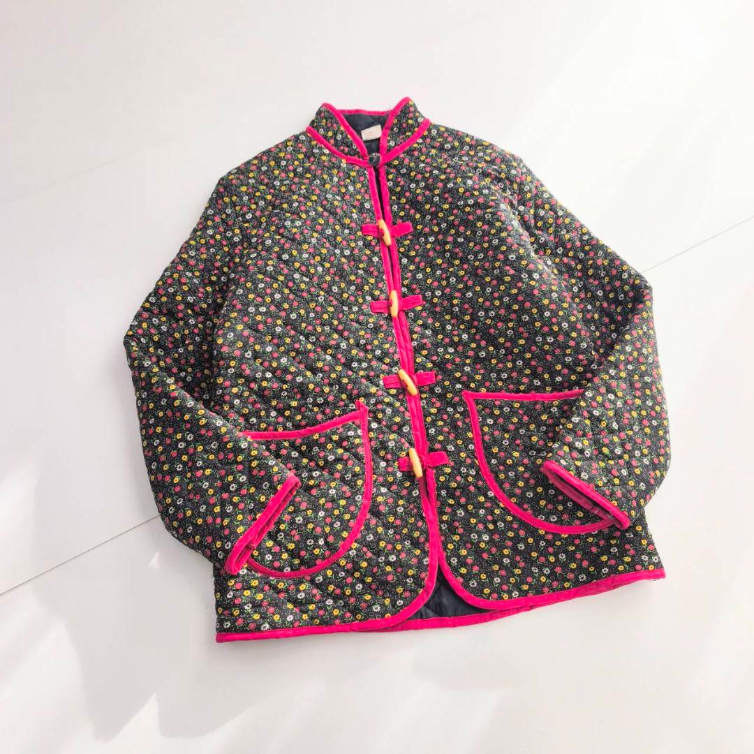 ヴィンテージ　キルト　小花柄　チャイナジャケット　ブラック