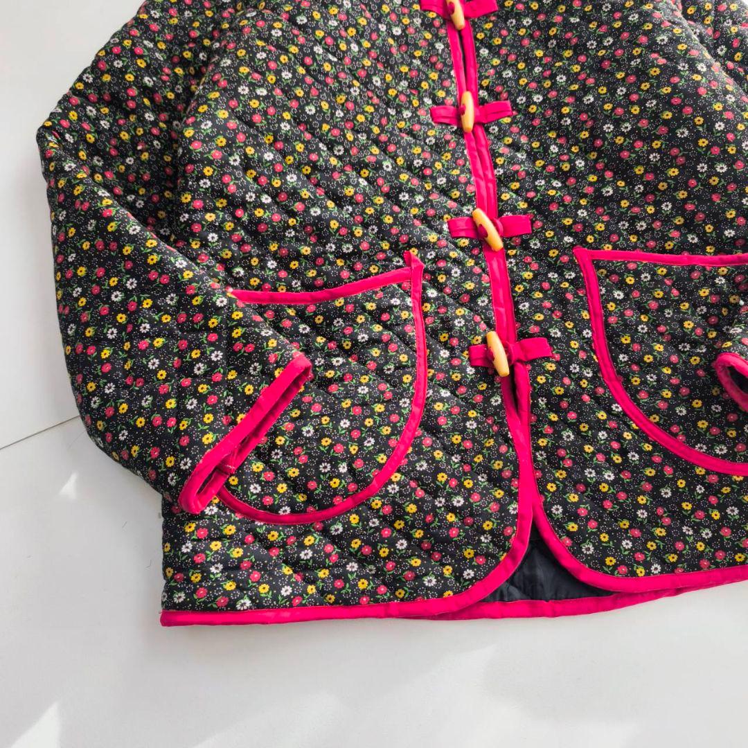 ヴィンテージ　キルト　小花柄　チャイナジャケット　ブラック