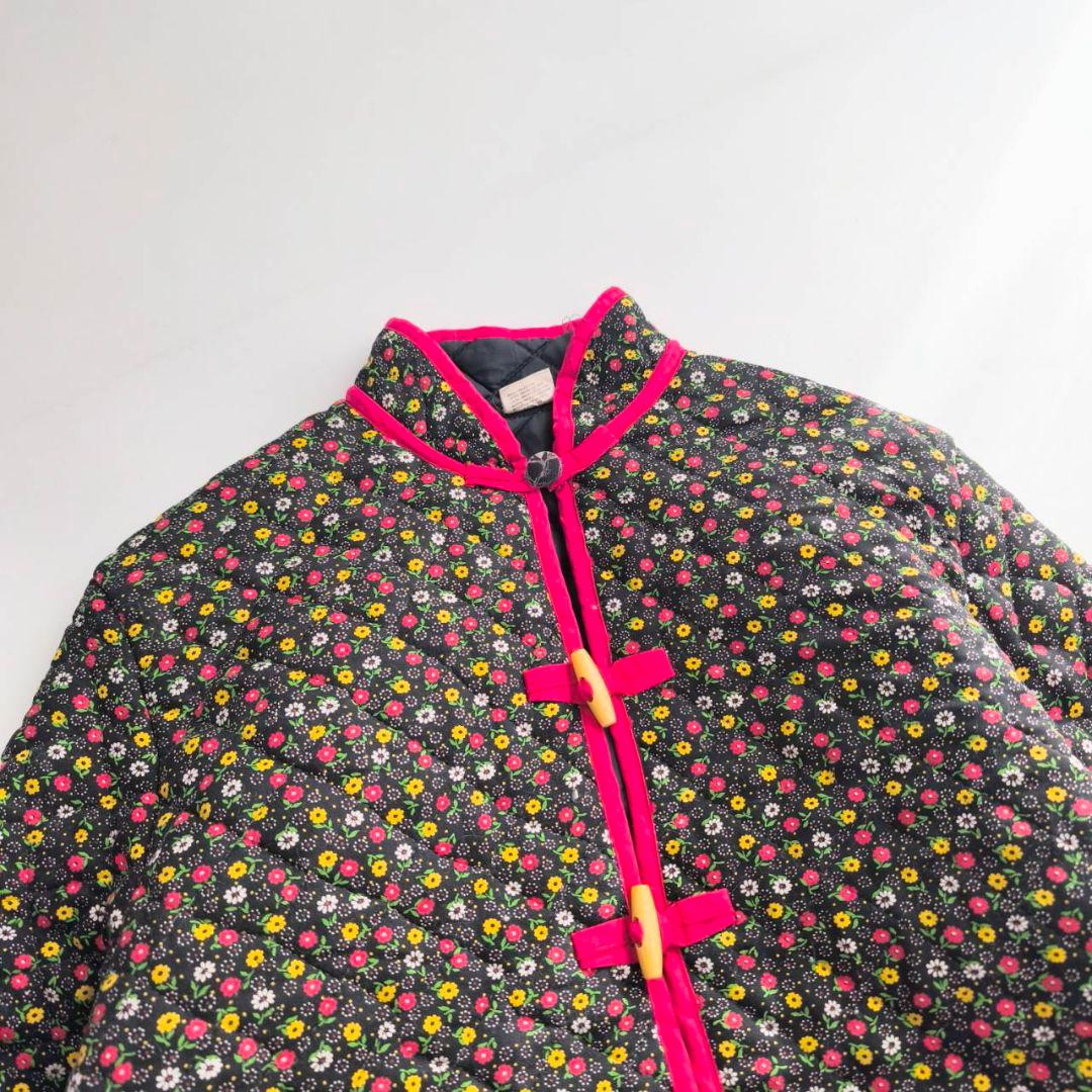 ヴィンテージ　キルト　小花柄　チャイナジャケット　ブラック