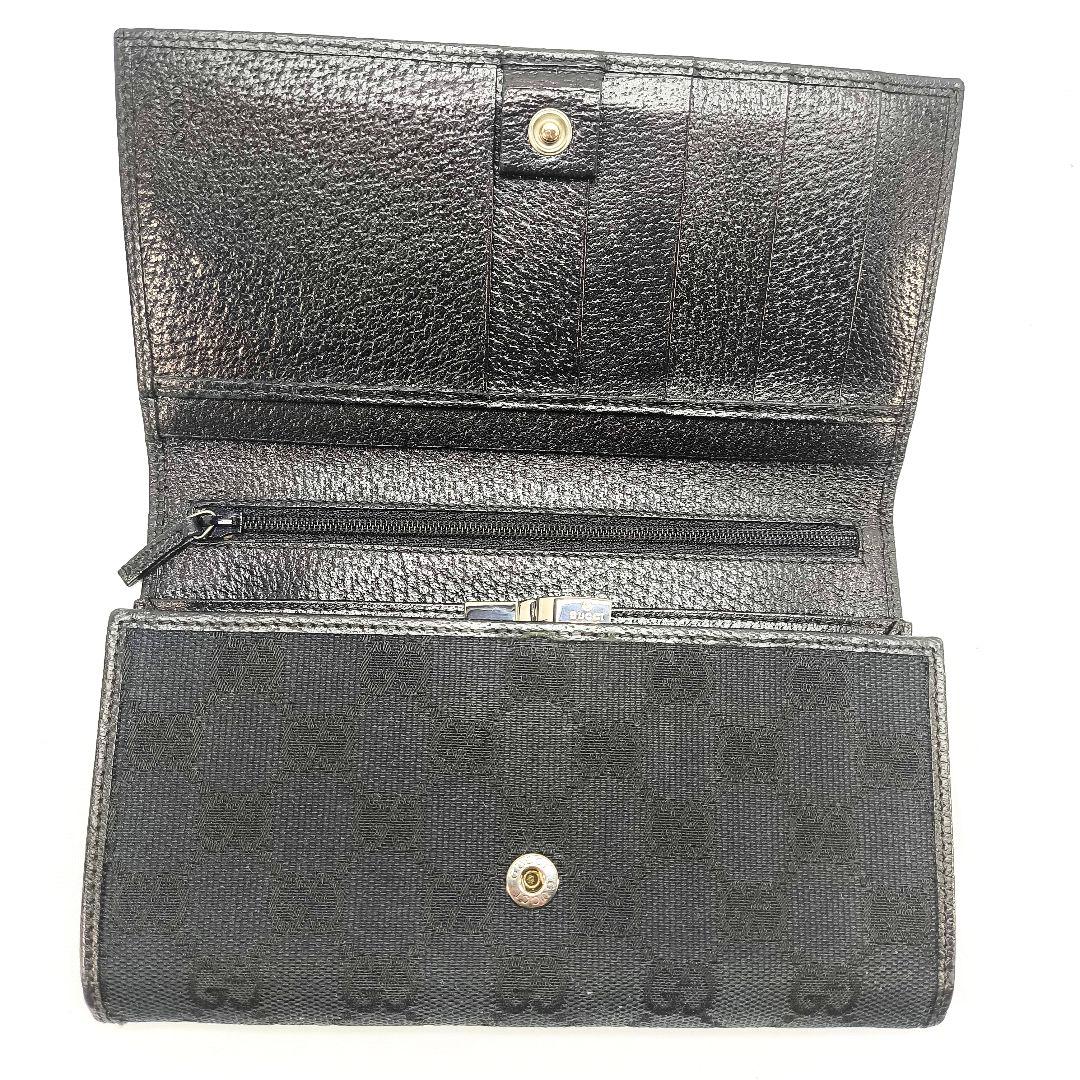 グッチ GG柄 キャンバス/レザー 二つ折り 長財布 GUCCI 黒 ガマ口