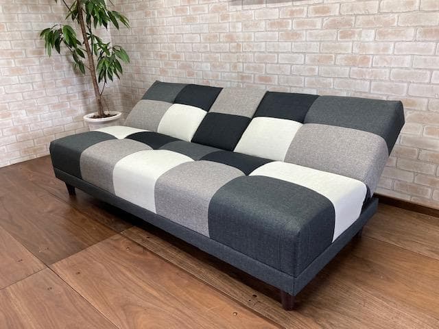 ソファーベッド　小テーブル付き　パッチワーク柄　グレーMIX　ソファ　新品
