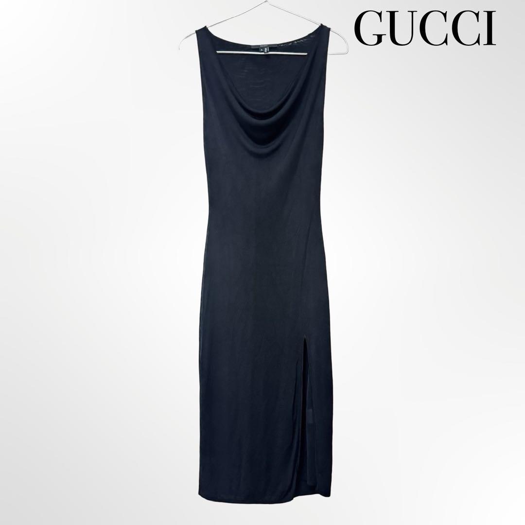 GUCCI グッチ ノースリーブ ドレープワンピース ブラック S レディース