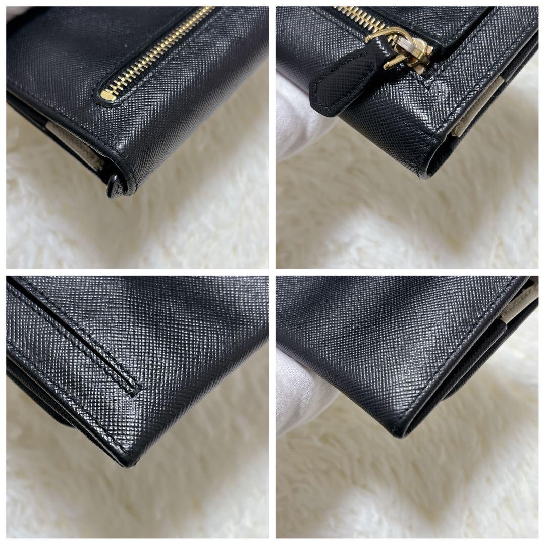 美品✨プラダ バイカラー フラップ 長財布 サフィアーノ ゴールド金具 黒 白