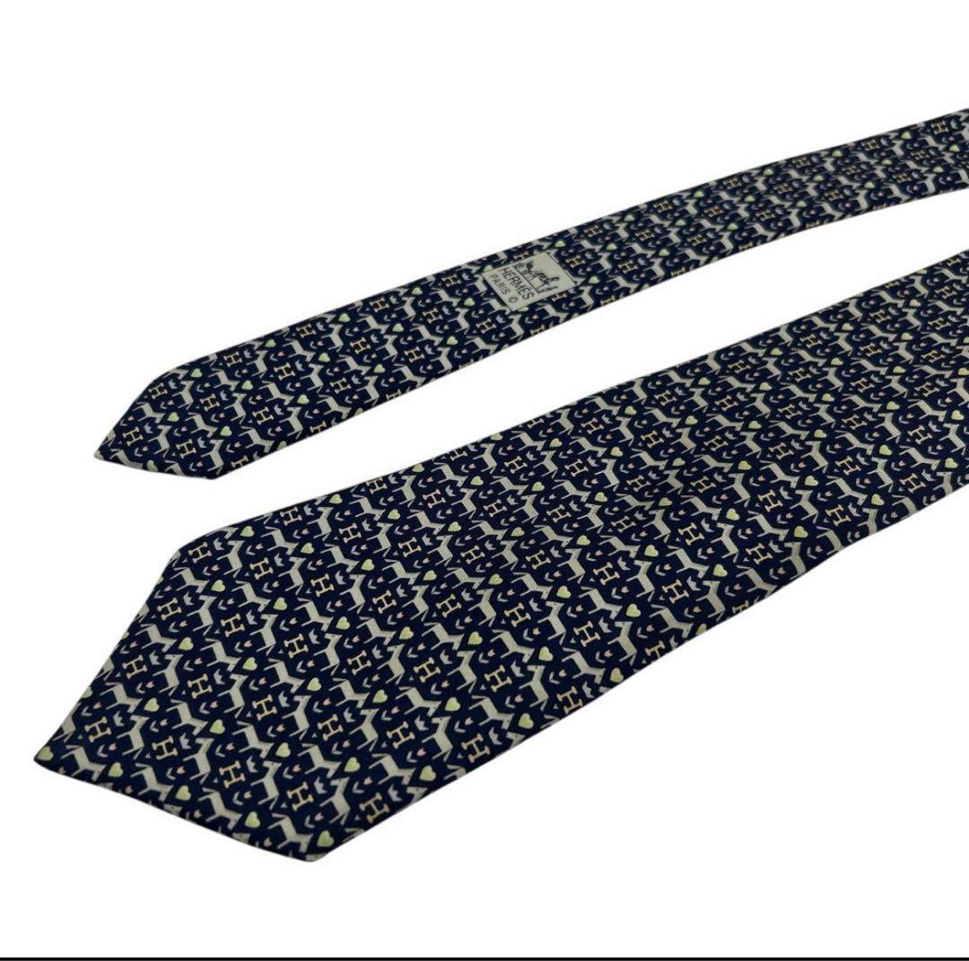 エルメス ネクタイ H柄 ハート クラウン 総柄 ネイビー シルク フランス製