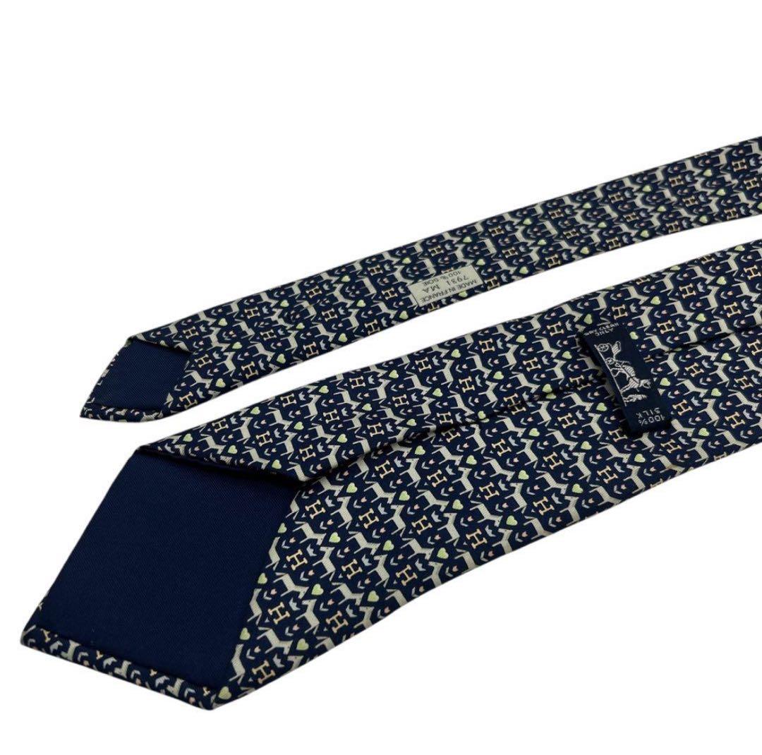 エルメス ネクタイ H柄 ハート クラウン 総柄 ネイビー シルク フランス製