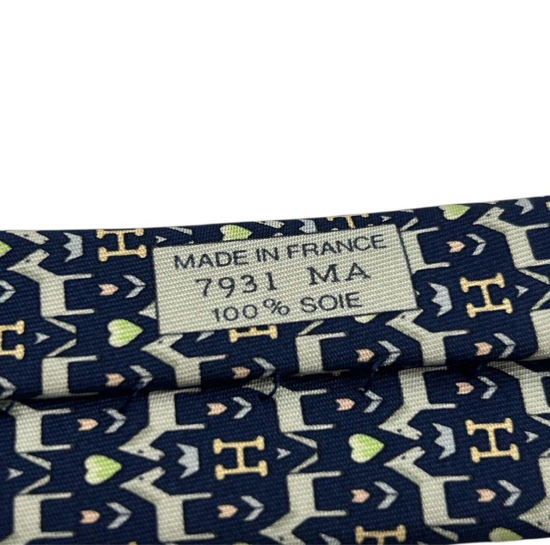 エルメス ネクタイ H柄 ハート クラウン 総柄 ネイビー シルク フランス製