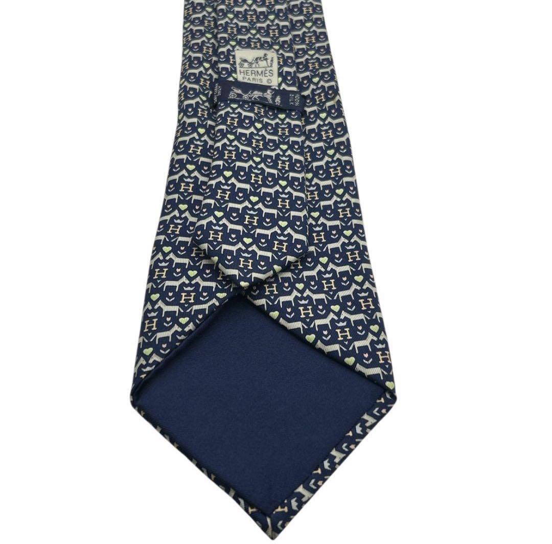 エルメス ネクタイ H柄 ハート クラウン 総柄 ネイビー シルク フランス製