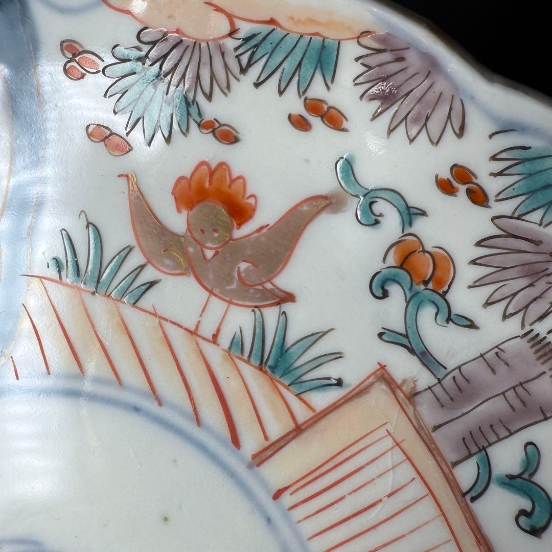 古伊万里　色絵花鳥図輪花形七寸皿　5枚　松竹梅　裏巻物文様　金蘭手　赤絵　江戸期