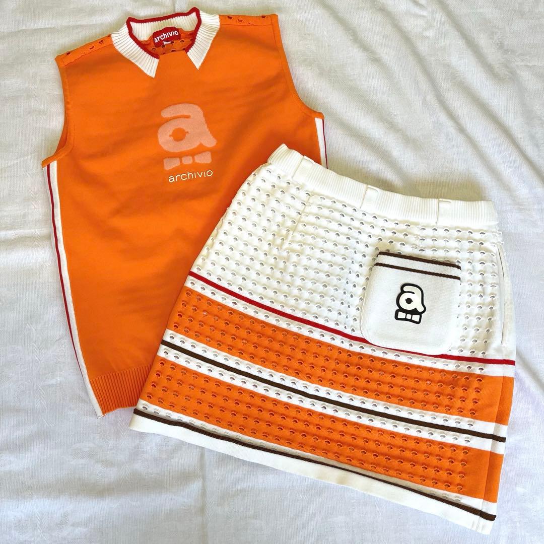 【H】美品✨アルチビオ　ベスト　スカート　セットアップ　オレンジ　ゴルフウェア