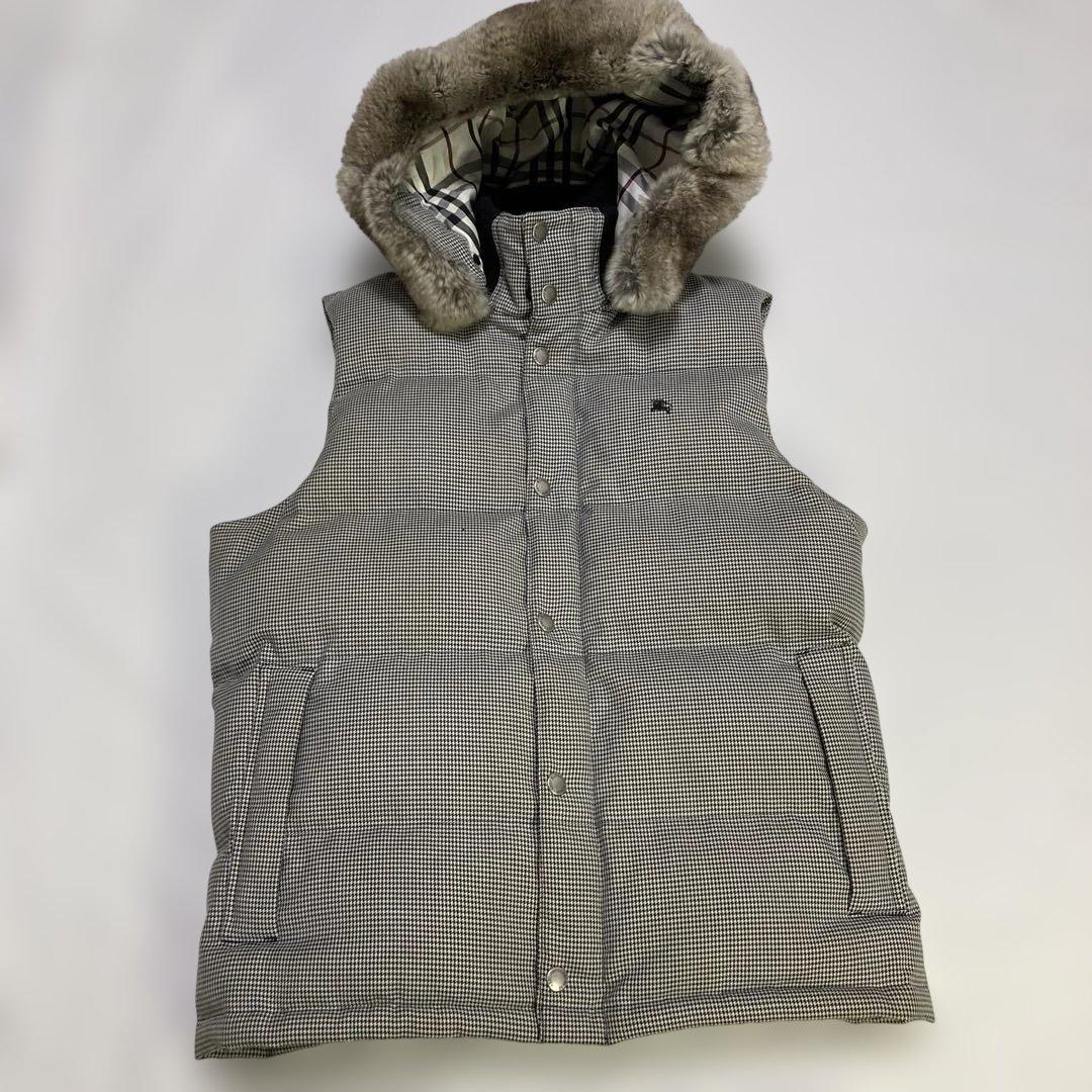 レア★バーバリーブラックレーベル 千鳥 フード リアルファー ダウンベスト L