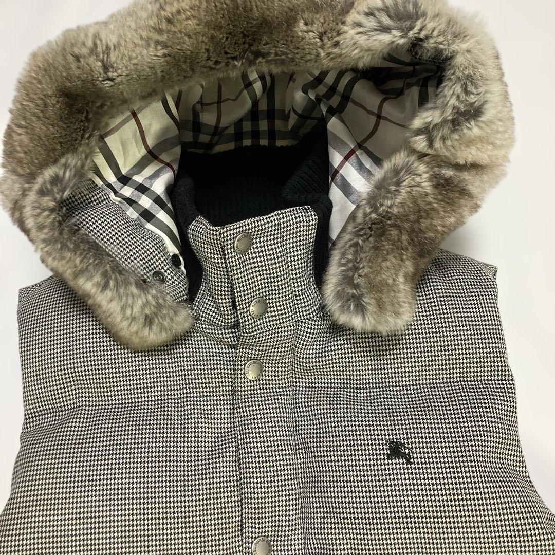 レア★バーバリーブラックレーベル 千鳥 フード リアルファー ダウンベスト L