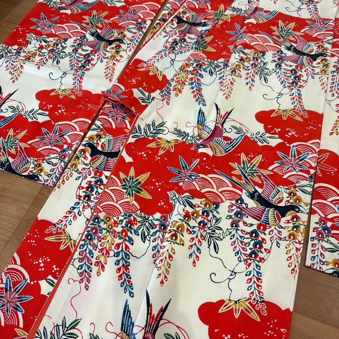 振袖 赤　白地 紅型　琉球紅型　びん型　袴　成人式　振り袖　正絹