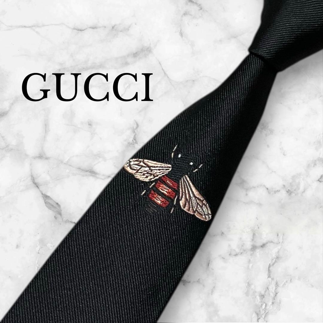 GUCCI グッチ　ネクタイ　黒　ソリッド　bee刺繍　GG柄