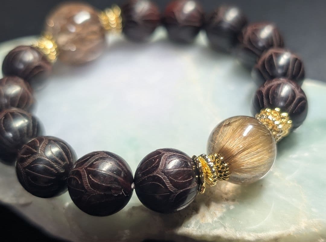 ゆみ超高品質キャッツアイゴールドルチル☓ブラウンルチル☓蓮彫り紫壇デザブレ