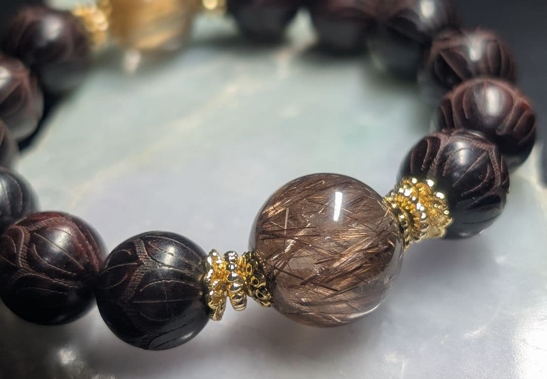 ゆみ超高品質キャッツアイゴールドルチル☓ブラウンルチル☓蓮彫り紫壇デザブレ