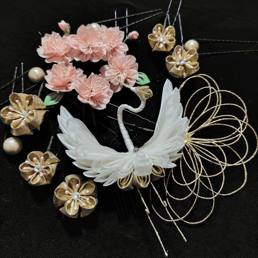 つまみ細工 髪飾り 鶴 桜 梅　成人式 卒業式 結婚式 七五三　かんざし
