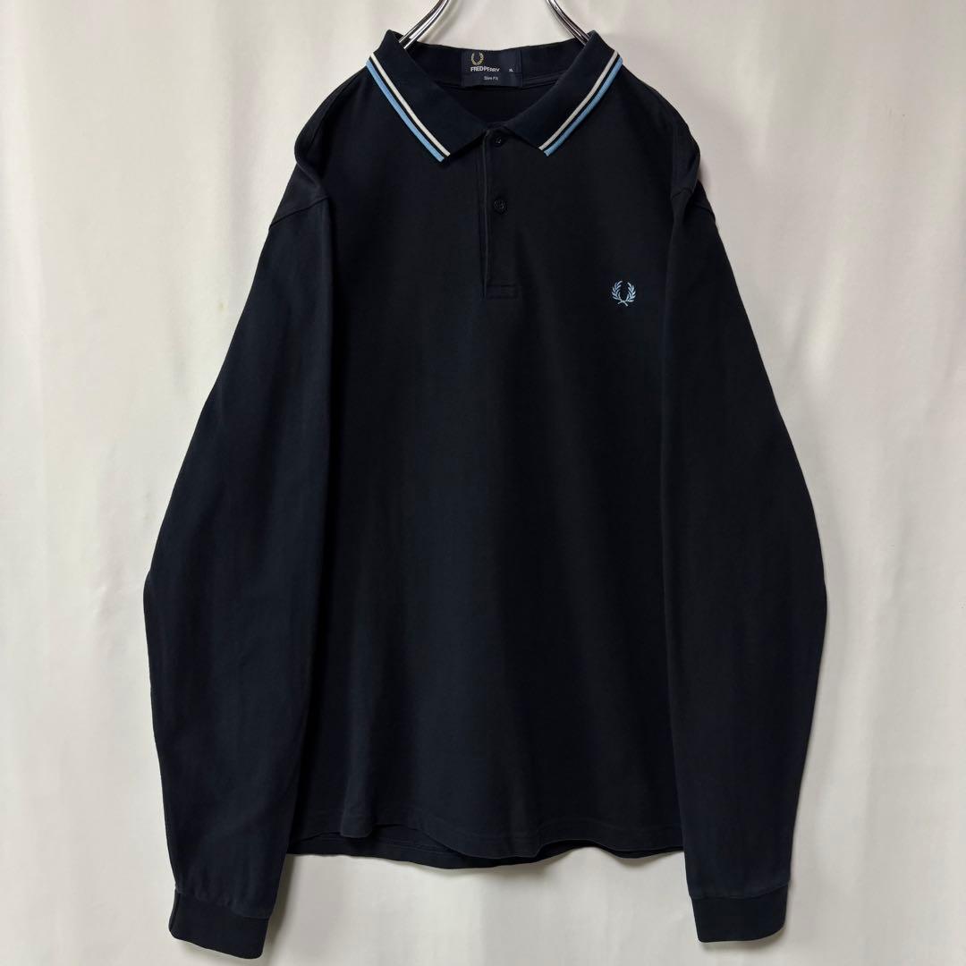 フレッドペリー　長袖ポロシャツ　ワンポイント刺繍ロゴ　XLサイズ　ブラック　古着