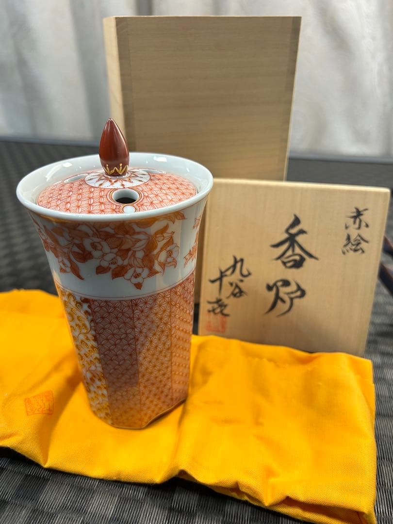 九谷焼　赤絵細描　香炉　堀川十喜作