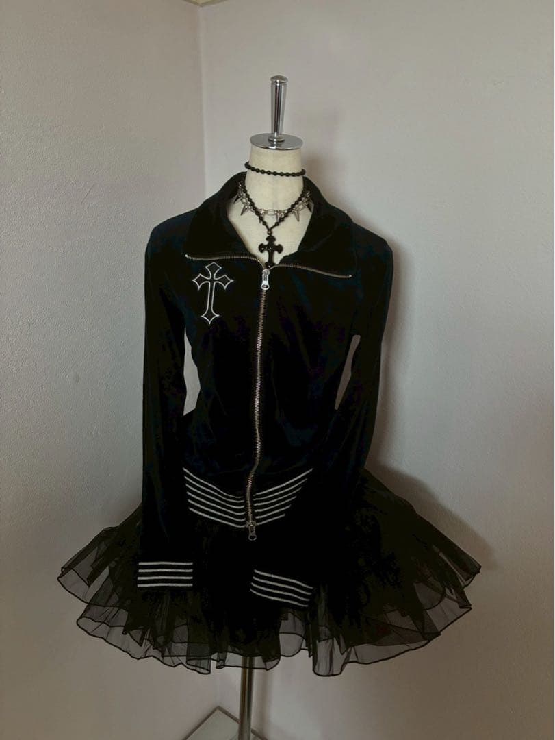 y2k ダークコア十字架銀刺繍　ベロアWジップゴシック平成　マクブリンククロス