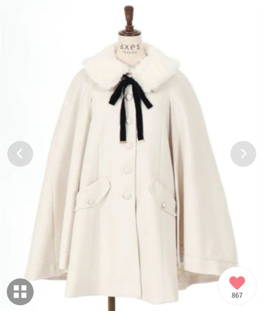 axes femme ファー襟付き ケープコート ベルト付き オフホワイト