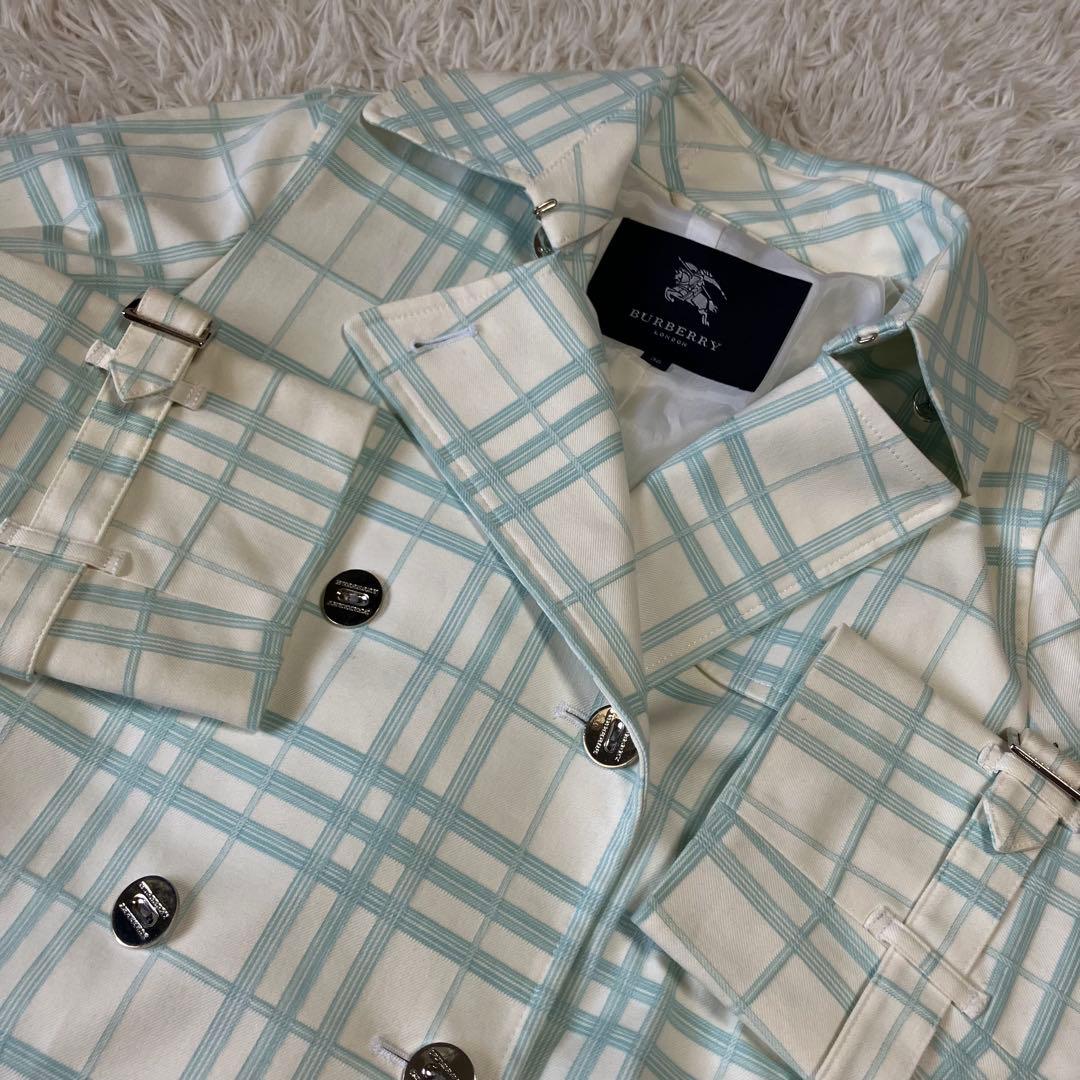 バーバリーロンドン　トレンチコート　ロング丈　総柄38　ノバチェック　グリーン