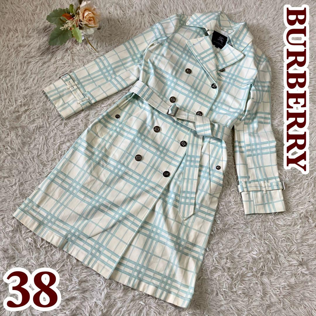 バーバリーロンドン　トレンチコート　ロング丈　総柄38　ノバチェック　グリーン