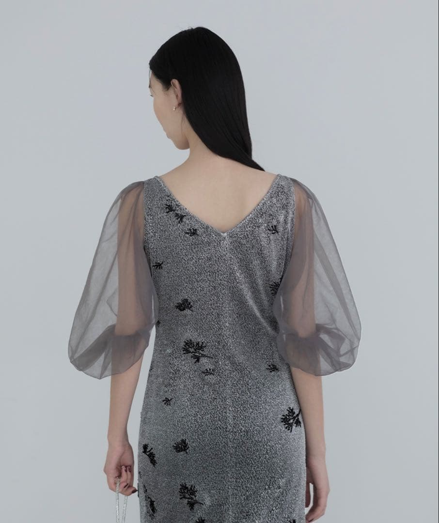 【Leja】　シアーパフスリーブグリッターIラインドレスワンピース タグ付