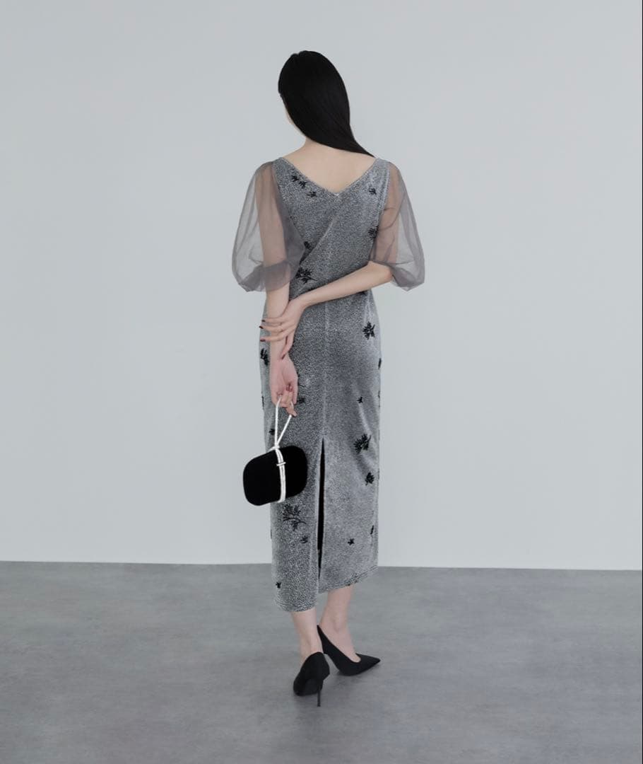 【Leja】　シアーパフスリーブグリッターIラインドレスワンピース タグ付