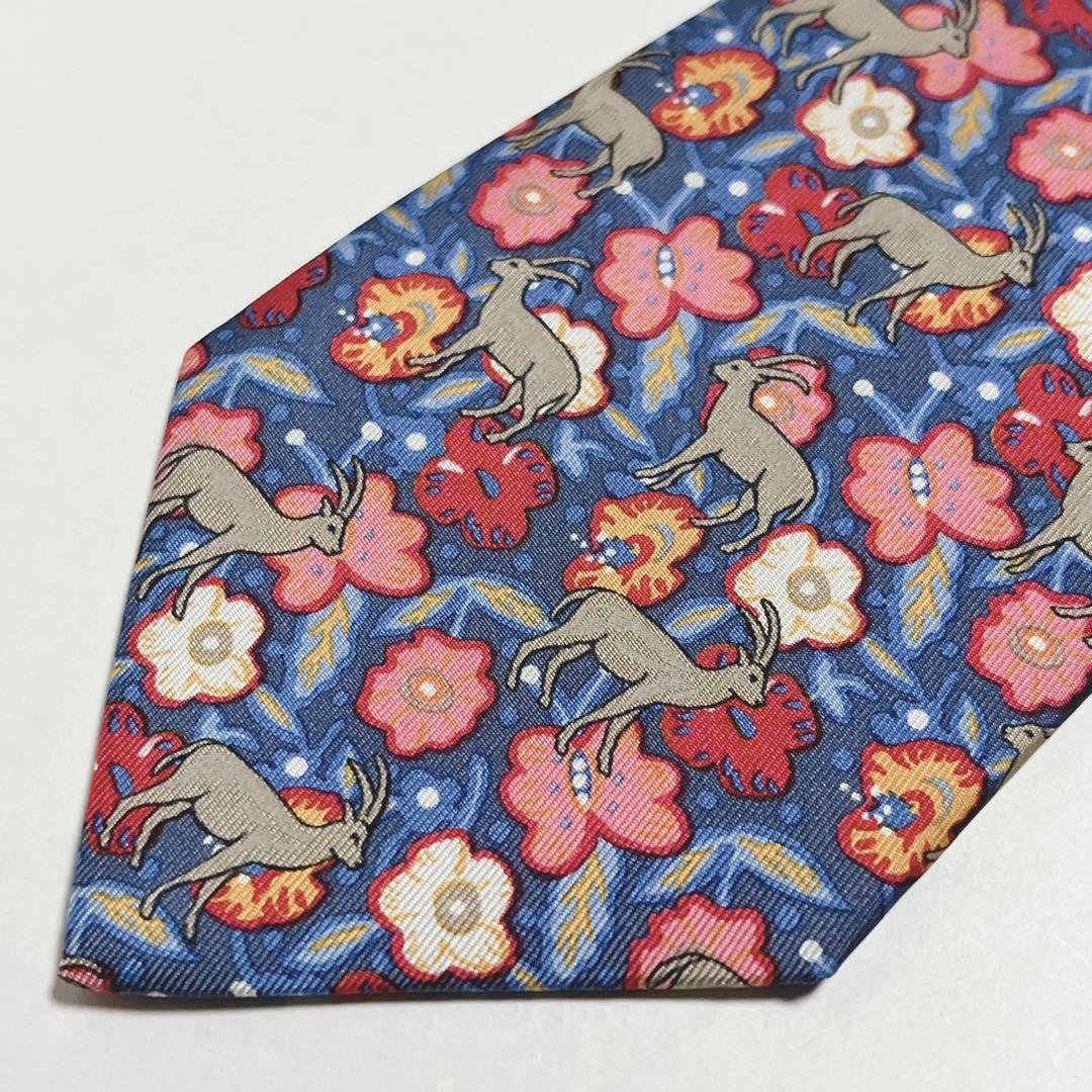 極美品 エルメス ネクタイ シルク フラワー ガゼル 動物 カラフル アート柄