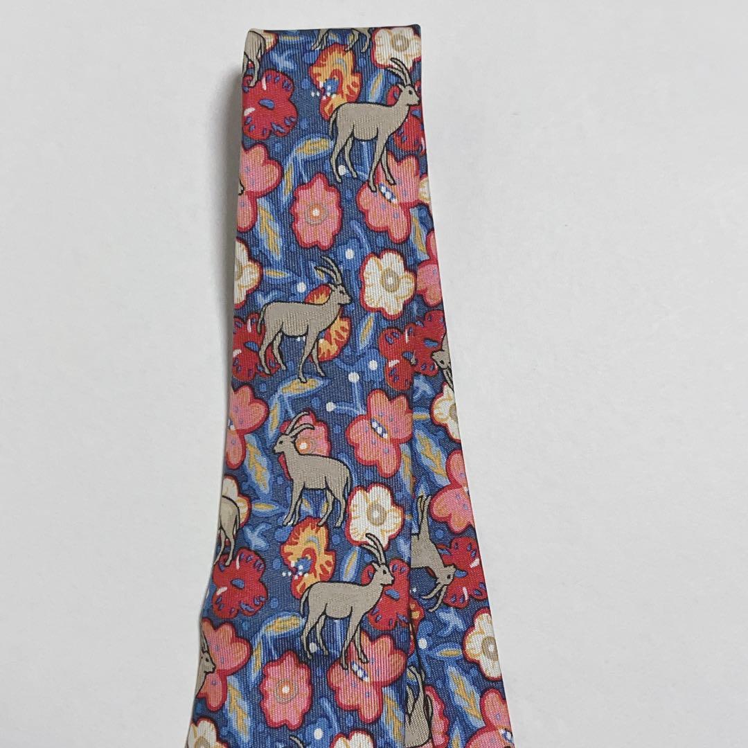 極美品 エルメス ネクタイ シルク フラワー ガゼル 動物 カラフル アート柄