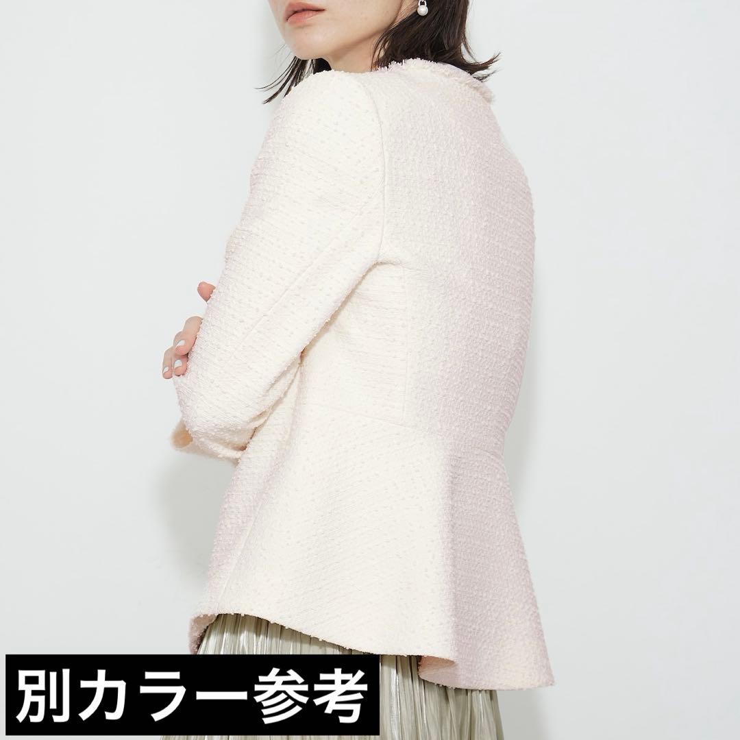 PLST/ツイードペプラムジャケット/size S/ネイビー/ノーカラー