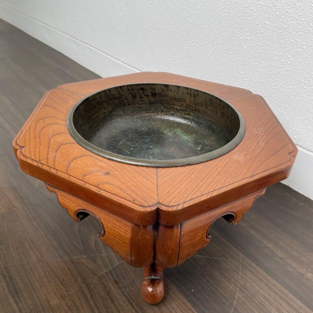 アンティーク　六角形木製火鉢金属皿付き
