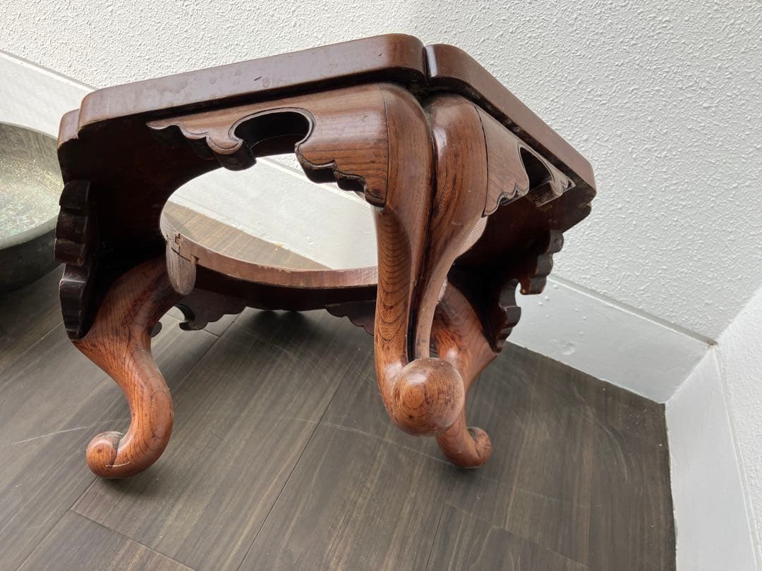 アンティーク　六角形木製火鉢金属皿付き