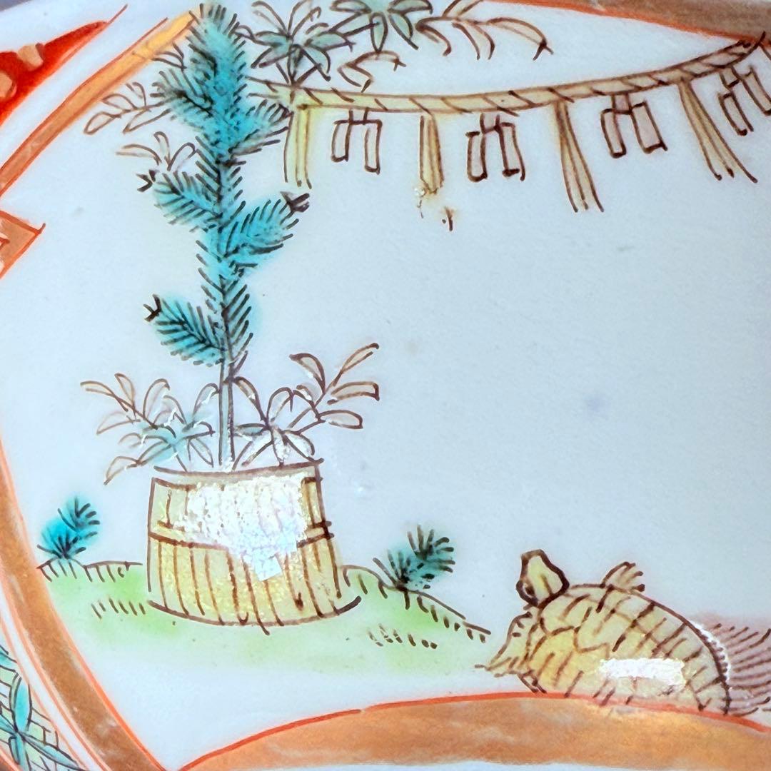 幕末～明治期　色絵鶴亀文様蓋物　五客　納箱付　料理屋　古器を楽しむ　金襴手　赤絵