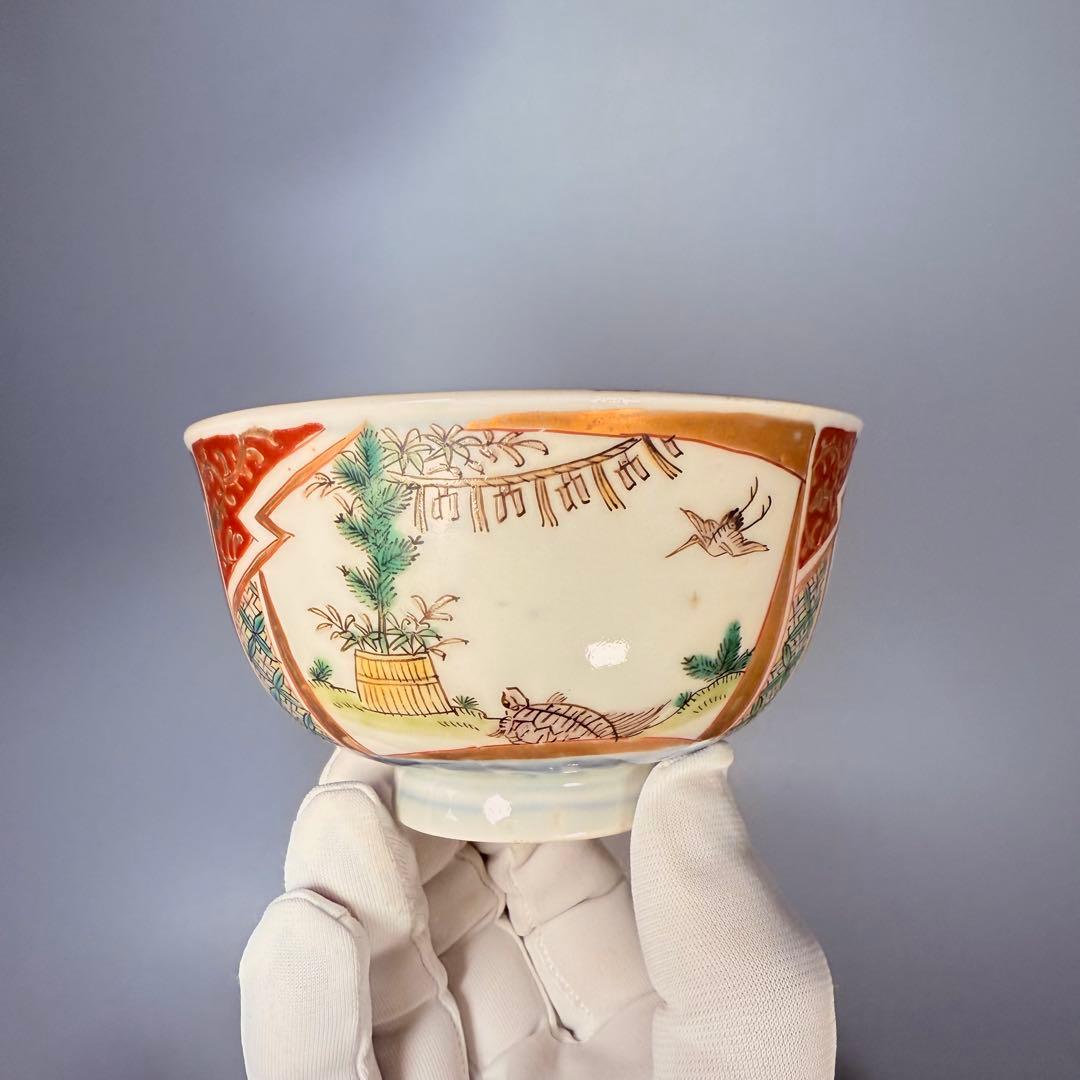 幕末～明治期　色絵鶴亀文様蓋物　五客　納箱付　料理屋　古器を楽しむ　金襴手　赤絵