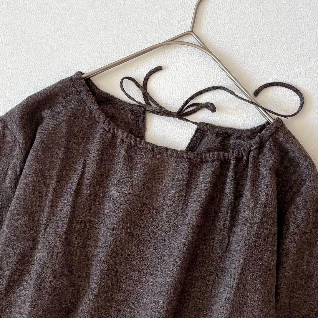 45R 45rpm ギャザーワンピース　ウールコットン　リボン　R刺繍