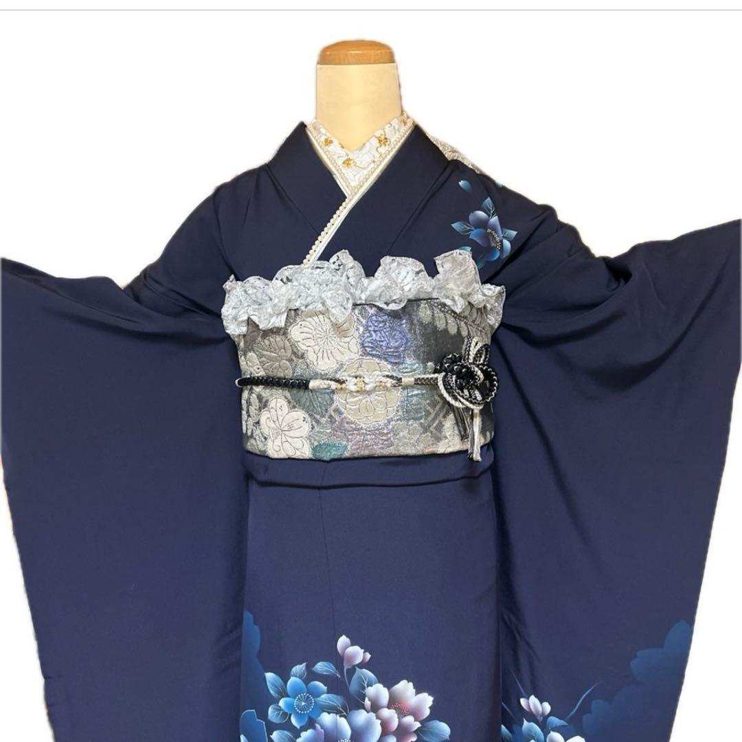 雪の女王❤︎あふれる透明感 紺×シルバーレースの振袖フルセット 成人式