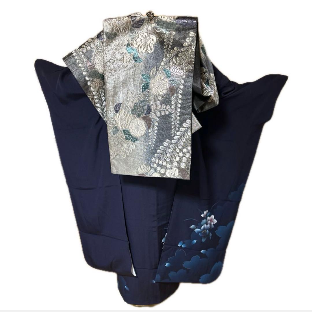 雪の女王❤︎あふれる透明感 紺×シルバーレースの振袖フルセット 成人式