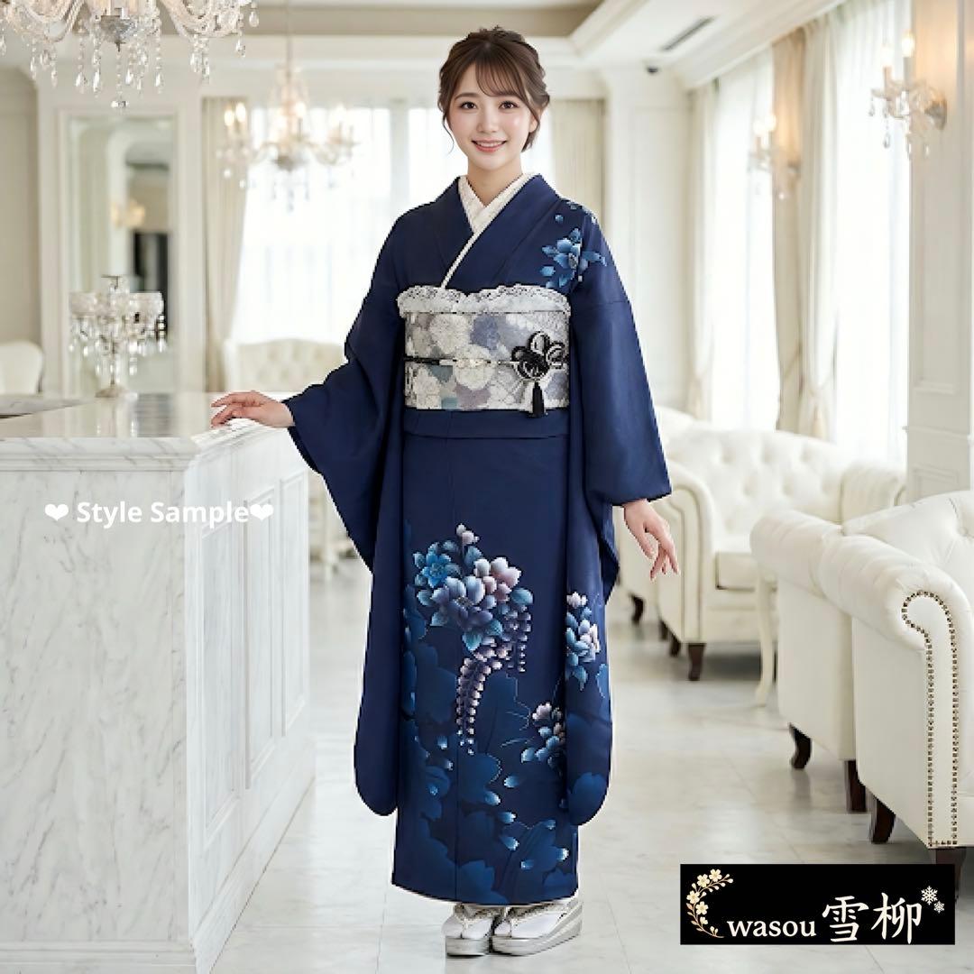 雪の女王❤︎あふれる透明感 紺×シルバーレースの振袖フルセット 成人式